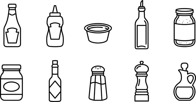 Condiments and sauces vector icon set with line art elements of ketchup mustard dip olive oil spice jar mayo hot sauce salt pepper mill vinegar branding