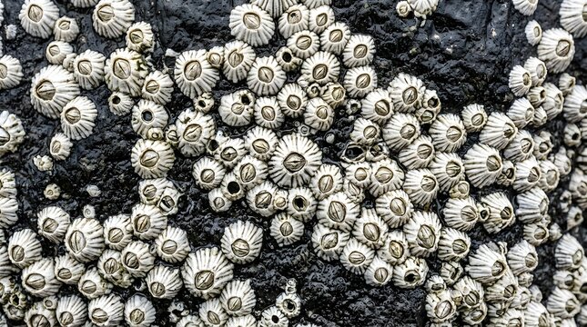 Natural patterns of marine barnacles growing tightly attached to the surface of dark volcanic rock formations along the coastline where the ocean tides regularly submerge these coastal living