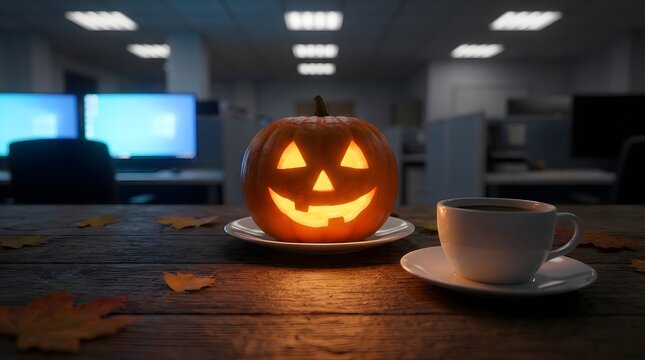 A glowing jack o' lantern sits on a desk alongside a coffee cup creating a festive halloween atmosphere in an office