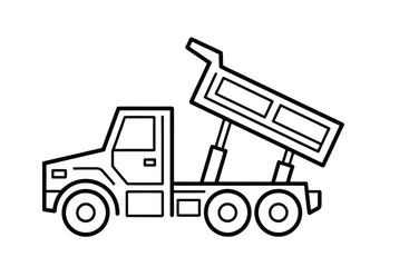 Naklejka premium Dump truck vector line illustration with tilted cargo bed, mechanical details, and hand drawn minimalist construction vehicle design.