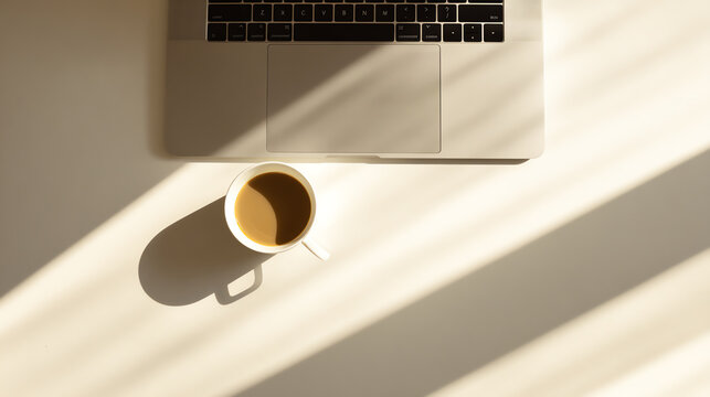 A serene workspace with a laptop and a cup of coffee, illuminated by soft sunlight casting gentle shadows.