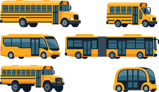 Collection of yellow bus illustrations featuring school bus, mini bus, passenger bus, articulated city bus and futuristic autonomous bus for transport design projects
