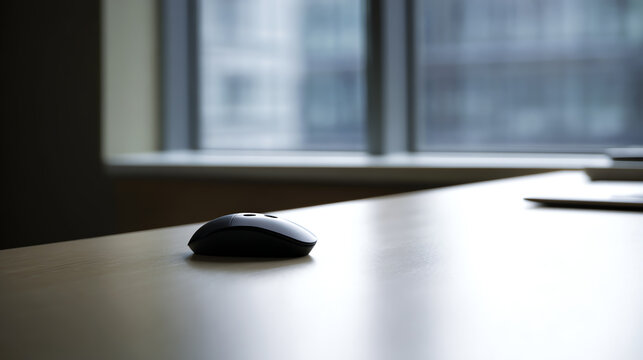 A sleek computer mouse rests on a polished desk, with a modern office view in the background, showcasing a sophisticated workspace.