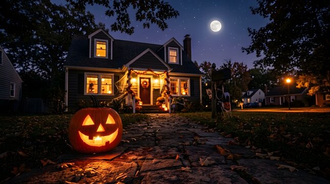 A beautifully decorated house glows warmly on a spooky halloween night illuminated by a full moon