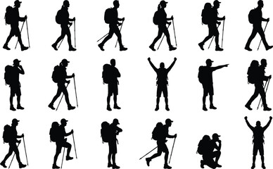 Fototapeta premium Collection of Professional Hiker Silhouettes Featuring Men and Women Backpacking with Trekking Poles in Various Poses for Outdoor Adventure, Mountain Travel, and Hiking Design Concepts.