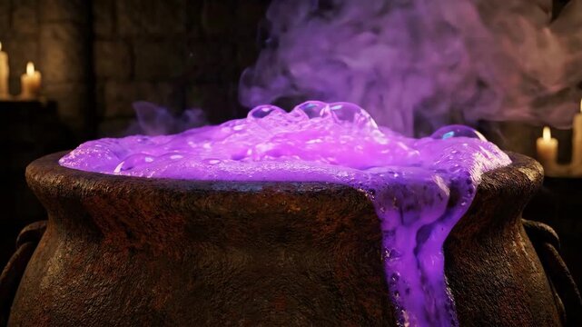 Spooky 4K Slow Motion of a Bubbling Witch's Cauldron Splashing Glowing Purple Potion in a Dark Dungeon with Candles