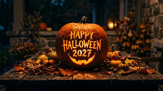 A beautifully lit jack o' lantern warmly wishes everyone a very happy halloween in 2027