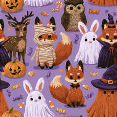Naklejka premium Halloween fox ghost owl deer pumpkin candy witch hat costume pattern with cute woodland animals and festive decorations purple