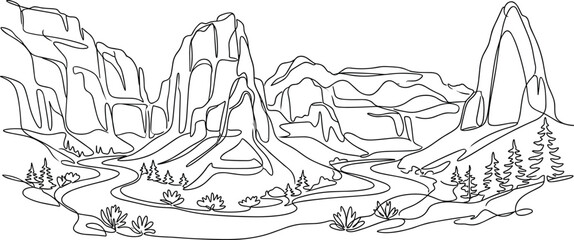 Fototapeta premium Continuous line drawing of a majestic mountain landscape with a winding river and pine trees