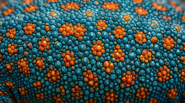 Natural pattern featuring vibrant orange spots dispersed across a textured blue surface showing the biological scales of a gecko creature in the wild displaying colorful skin layers and exotic