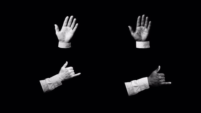 Halftone hand animation showing stop and call me gestures
