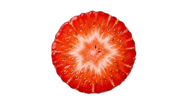 A round ripe strawberry slice displays juicy red flesh with visible seeds and textured patterns showing natural growth stages of healthy organic summer fruit gathered from local farming