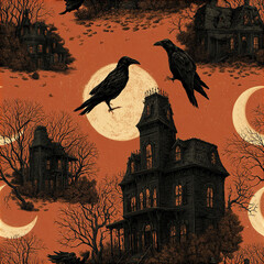 Fototapeta premium Dark Halloween seamless pattern with haunted house, black crow, full moon, and bare tree branches creating spooky atmosphere