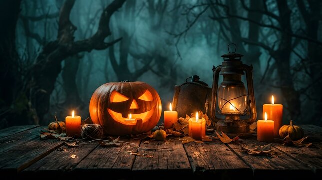 A spooky halloween night scene with a jack o' lantern candles and a witch's cauldron in a dark forest