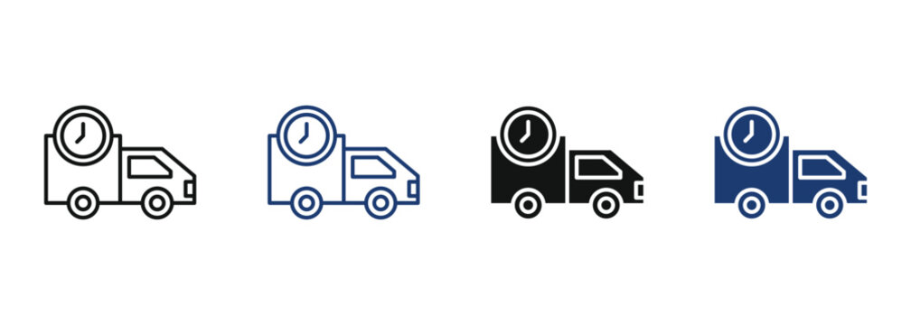 Delivery truck icon set with clock, representing fast shipping and timely logistics services