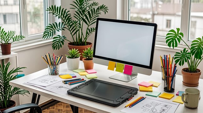 Bright creative designer workspace with computer graphics tablet and sticky notes