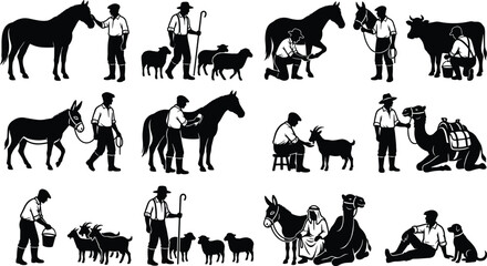 Fototapeta premium Farmer and livestock silhouette set featuring horses, sheep, cows, goats, and camels