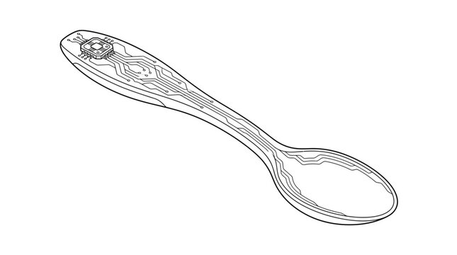 Detailed line drawing of a decorative metal spoon isolated on white background.