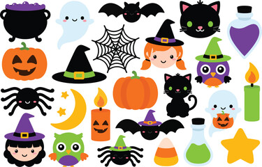 Obraz premium Cute Kawaii Halloween Vector Clip Art Set with Spooky Ghost, Witch Girl, Pumpkin, Bat, Black Cat, and Potion Icons for Festive Party Decorations, Stickers, and Fun Seasonal Graphic Design.