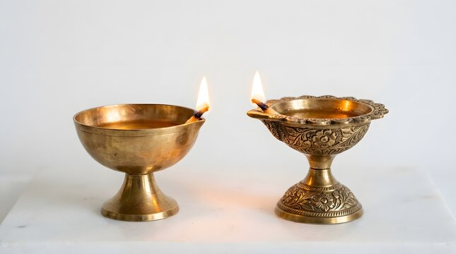 Two traditional brass oil lamps with lit wicks placed on a white marble surface