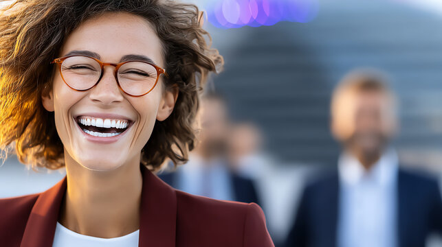 A cheerful businesswoman smiling confidently with colleagues in the background, embodying positivity and professionalism in the workplace.