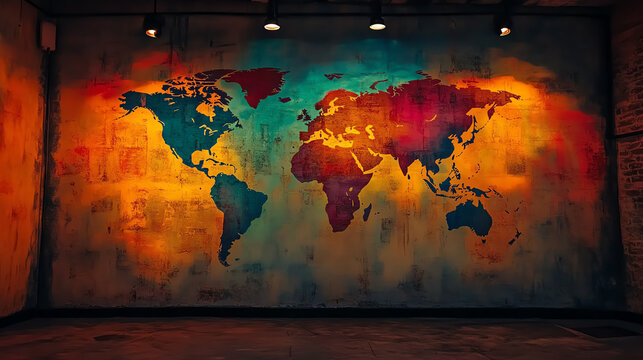 A colorful world map mural painted on a textured wall, creating an inspiring atmosphere in an urban space.