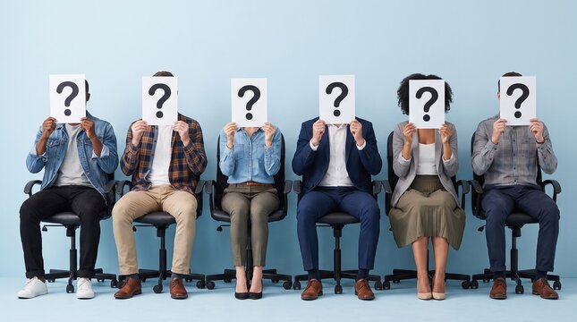 Row of anonymous job seekers with question marks over their faces in waiting room for recruitment concept