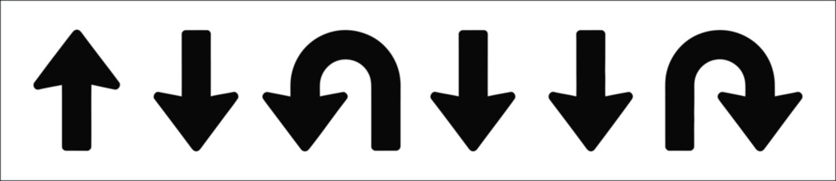 Direction arrow vector icon collection featuring U-turn, go straight, this way, one-way, left and right navigation symbols for road signs, maps, GPS, and wayfinding.