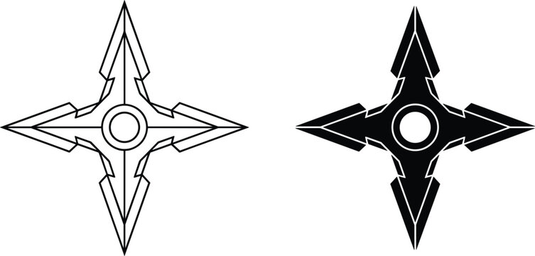Traditional Japanese shuriken throwing star icon set featuring black outline and solid silhouette ninja weapon vector designs