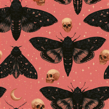 Dark romantic death moth seamless pattern with black moths, skulls, crescent moon, and stars on red background