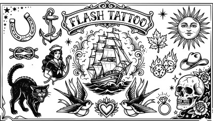 Naklejka premium Traditional old school flash tattoo black and white vector set with ship skull swallows anchor sun and cat