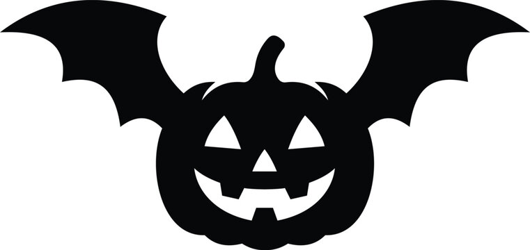Spooky jack o lantern pumpkin silhouette with large bat wings depicted as a flat black vector graphic design element