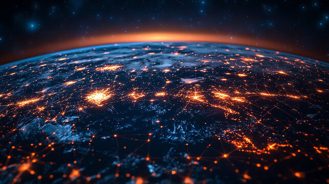 A stunning view of Earth illuminated at night, showcasing vibrant city lights and intricate networks across the globe.