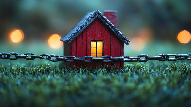 A symbolic representation of home security featuring a miniature house secured with a chain against a blurred background.