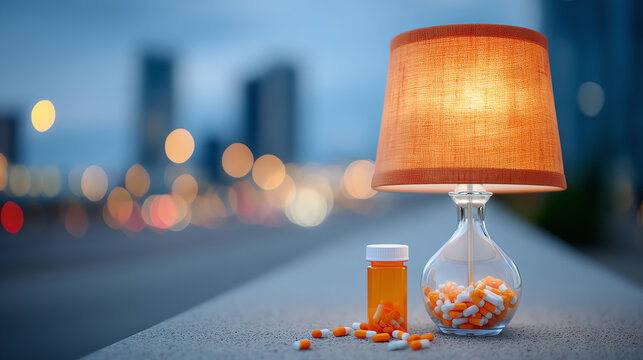 A tranquil night scene featuring a stylish lamp beside a bottle of pills, representing wellness and relaxation in modern life.