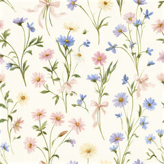 Obraz premium Delicate pastel ditsy floral seamless pattern featuring tiny pink, blue, and cream flowers with green leaves and soft ribbon