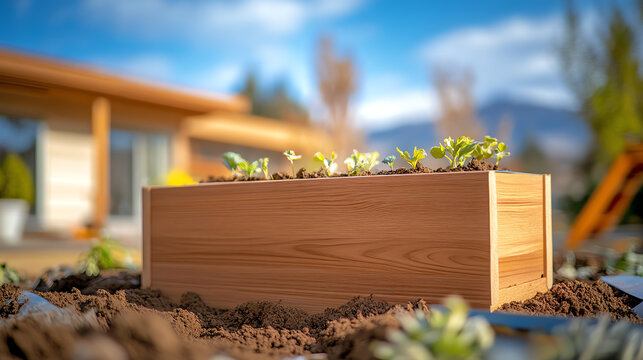 A wooden planter box filled with soil and small seedlings, set against a blurred garden background, representing growth and nature.
