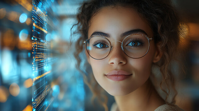 A young woman wearing glasses smiles confidently, surrounded by digital screens displaying vibrant data and information.