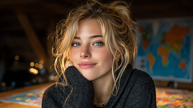 A young woman with a cheerful smile in a cozy environment, surrounded by maps and warm lighting.