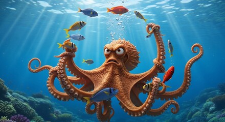 Obraz premium Angry Octopus Underwater with Fish and Coral Reef.