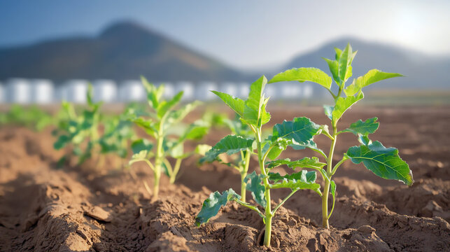 Close-up of young plants growing in fertile soil with mountains in the background, symbolizing growth and agriculture.