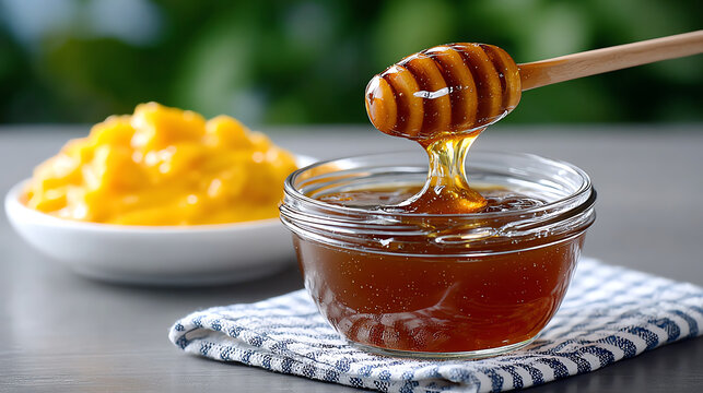 Delicious honey drizzled from a wooden dipper, accompanied by a bowl of vibrant mango puree, perfect for sweetening any dish.