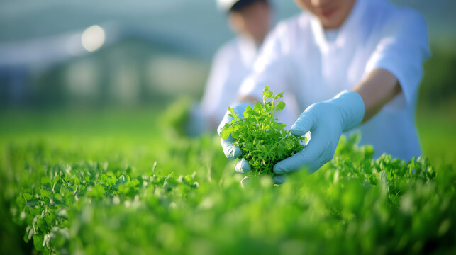 Farmers harvesting fresh lettuce in a lush green field, showcasing sustainable agriculture practices and healthy food production.