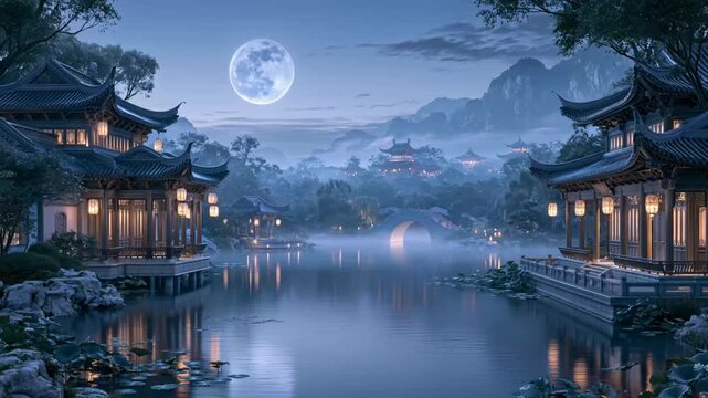 Moonlit Chinese water town under a full moon