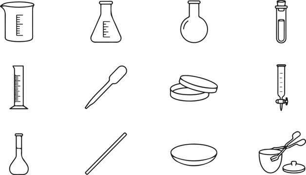 Set of twelve black and white line showing laboratory glassware and scientific research equipment for chemistry and biology