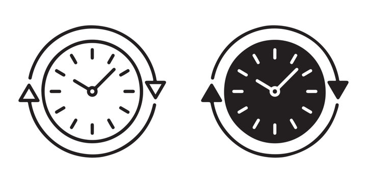 Clockwise and counterclockwise rotation arrows around analog clock icons for direction and movement design