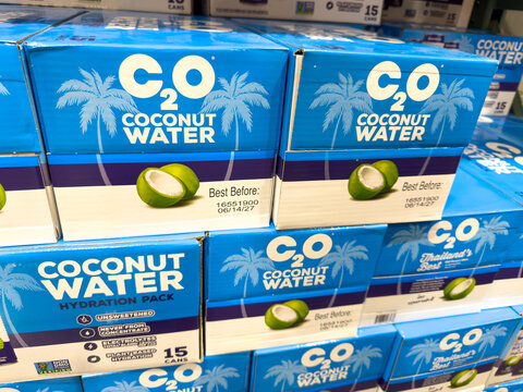 C2O Coconut Water Hydration Pack Boxes On Store Shelf