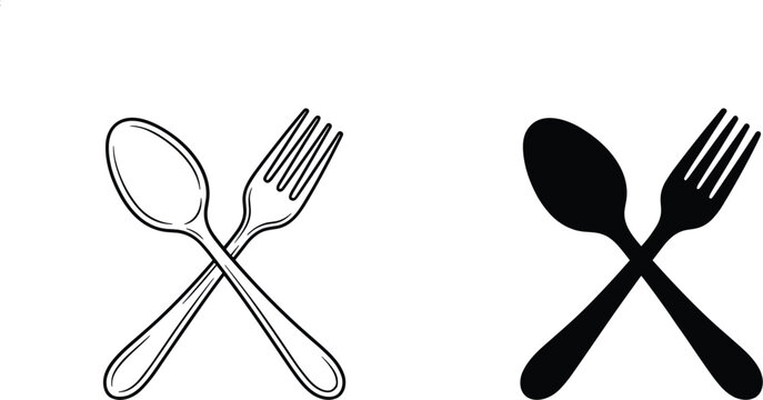 Crossed spoon and fork vector icons set featuring detailed line art and black silhouette restaurant graphics