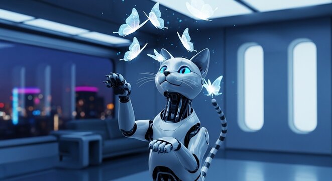 Futuristic Robotic Cat Interacting with Butterflies in a Modern Interior.