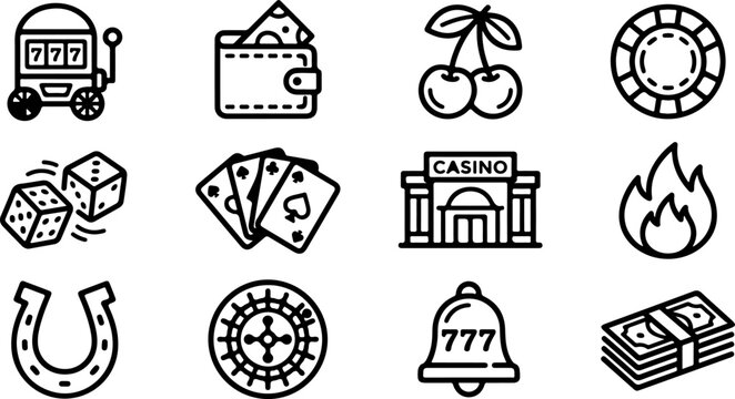 Set of casino and gambling icons, including slot machine, playing cards, dice, roulette, and money, vector illustration isolated on white background